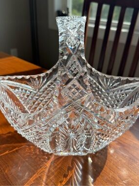 Vintage Heavy Cut Galway Crystal Handled Basket Centerpiece Bowl